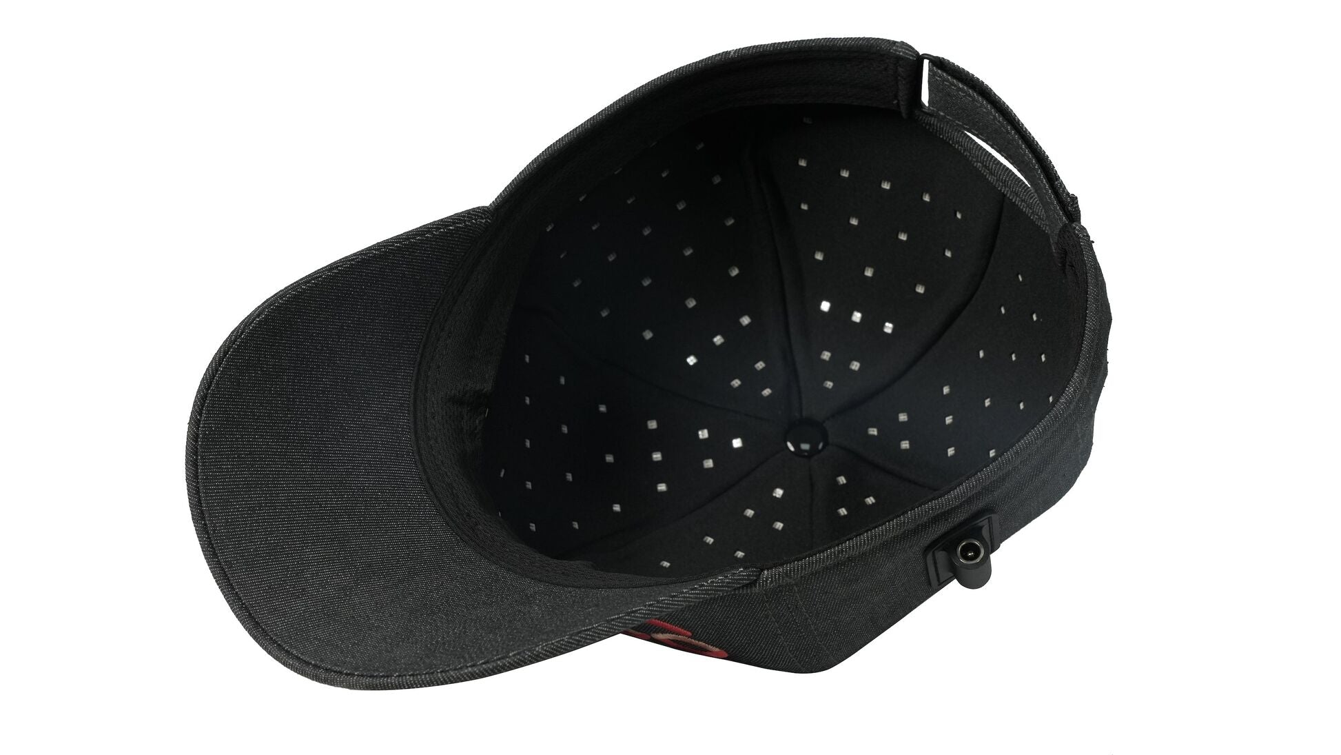 Inside view of the Hooga Red Light Therapy Hat with LEDs switched off, showing the LED layout and power connector.